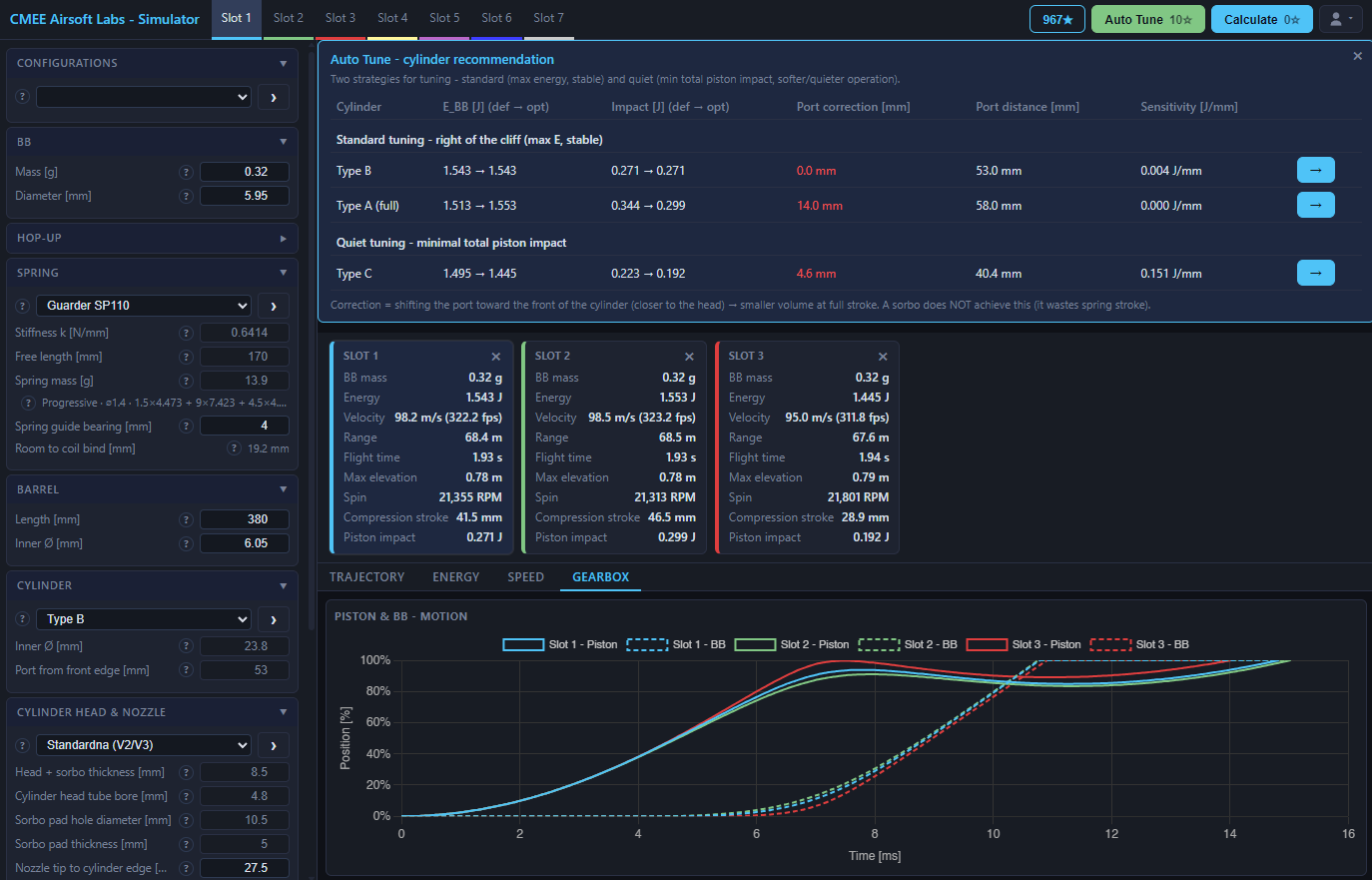The simulator's Auto-Tune screen: fields for barrel length and diameter, spring power and BB mass, with the offered results for Quiet and standard tuning